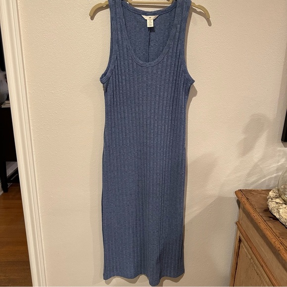 Blue Ribbed Midi Dress in Blue Marl Size M Coastal Layer Comfy - Picture 2 of 6